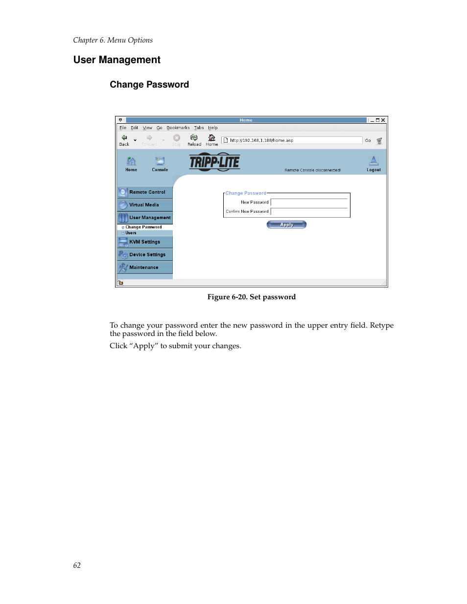 User management, Change password, 62 users and groups | Tripp Lite B050-000 User Manual | Page 70 / 126