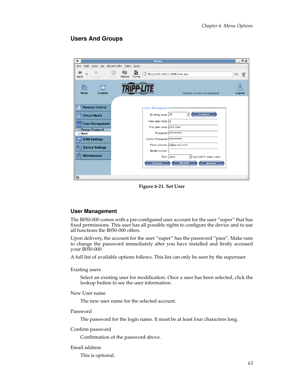 Users and groups, User management | Tripp Lite B050-000 User Manual | Page 71 / 126