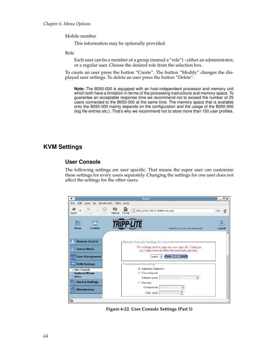 Kvm settings, User console, The section called user console in chapter 6 | Tripp Lite B050-000 User Manual | Page 72 / 126