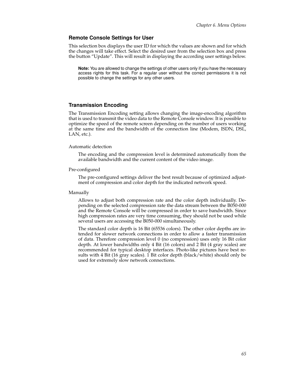 Remote console settings for user, Transmission encoding | Tripp Lite B050-000 User Manual | Page 73 / 126