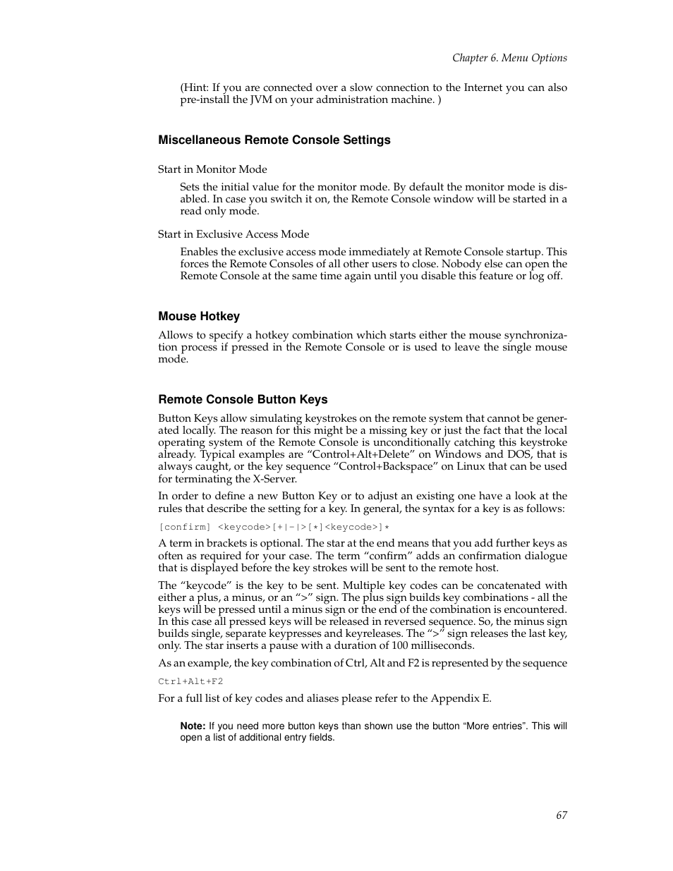 Miscellaneous remote console settings, Mouse hotkey, Remote console button keys | Keyboard/mouse | Tripp Lite B050-000 User Manual | Page 75 / 126