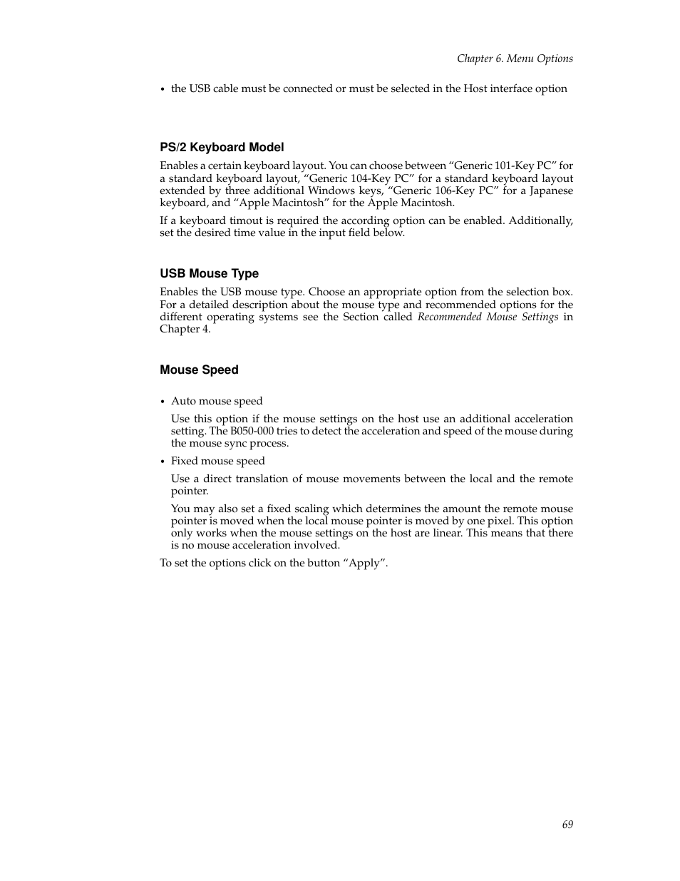 Ps/2 keyboard model, Usb mouse type, Mouse speed | Video, The section called video in chapter 6 | Tripp Lite B050-000 User Manual | Page 77 / 126