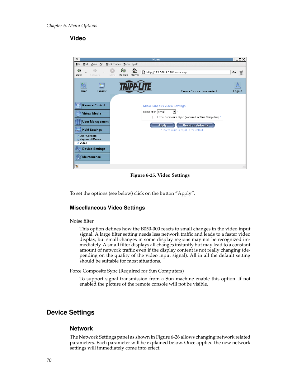 Video, Miscellaneous video settings, Device settings | Network | Tripp Lite B050-000 User Manual | Page 78 / 126