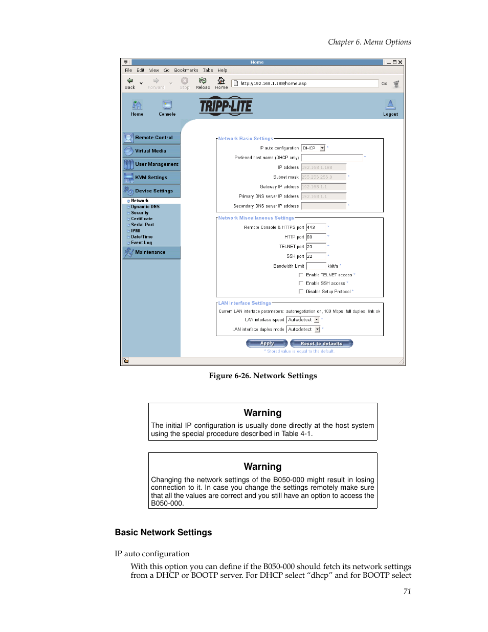 Basic network settings | Tripp Lite B050-000 User Manual | Page 79 / 126