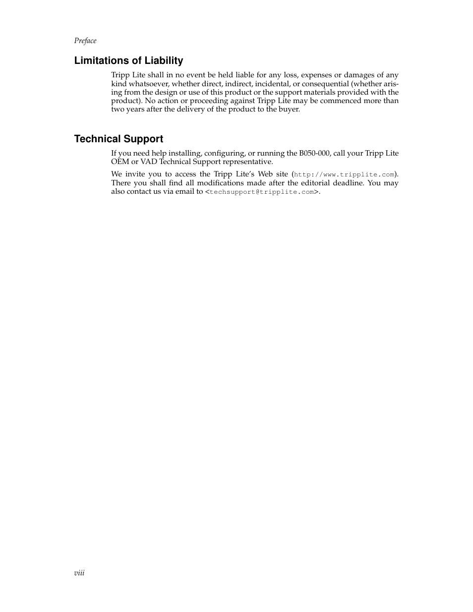 Limitations of liability, Technical support, Viii | Tripp Lite B050-000 User Manual | Page 8 / 126