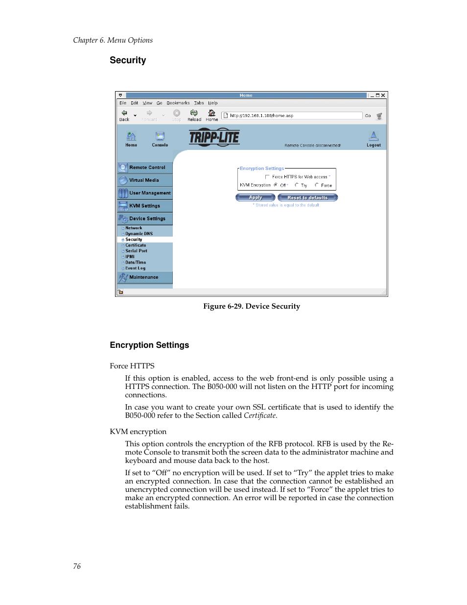 Security, Encryption settings, Certificate | Tripp Lite B050-000 User Manual | Page 84 / 126