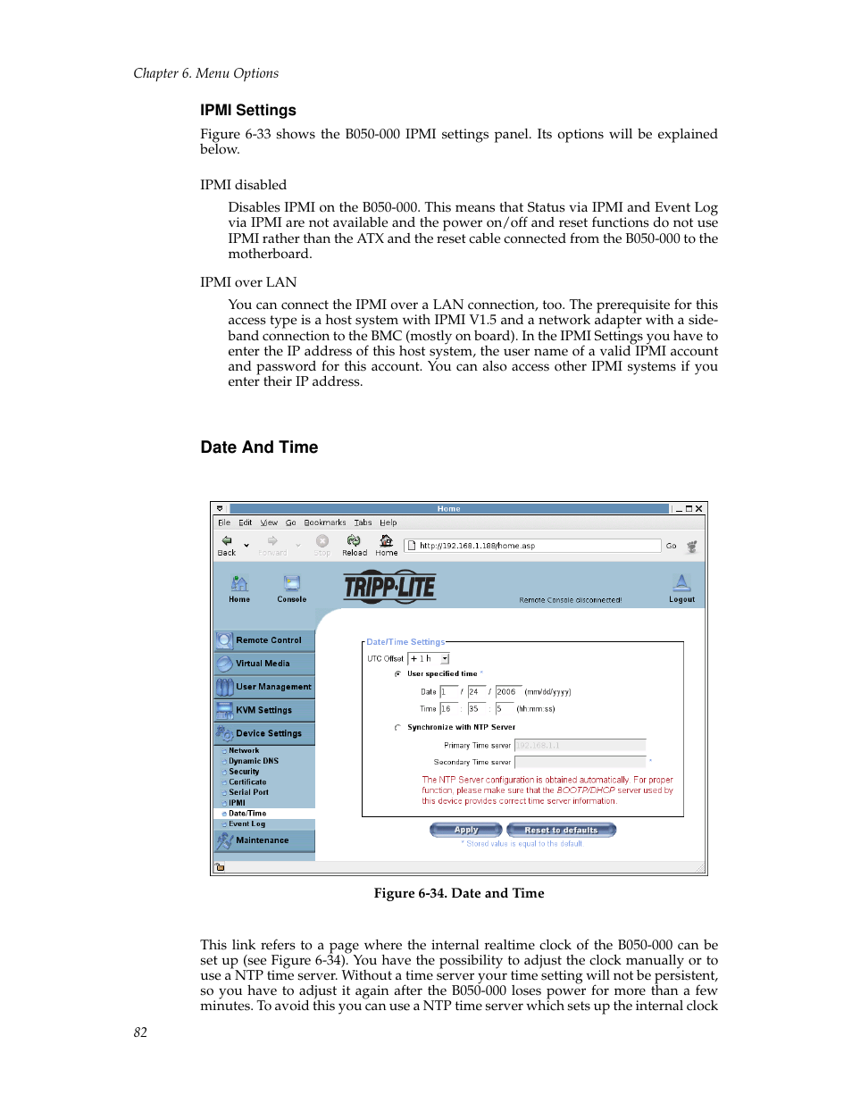 Ipmi settings, Date and time | Tripp Lite B050-000 User Manual | Page 90 / 126