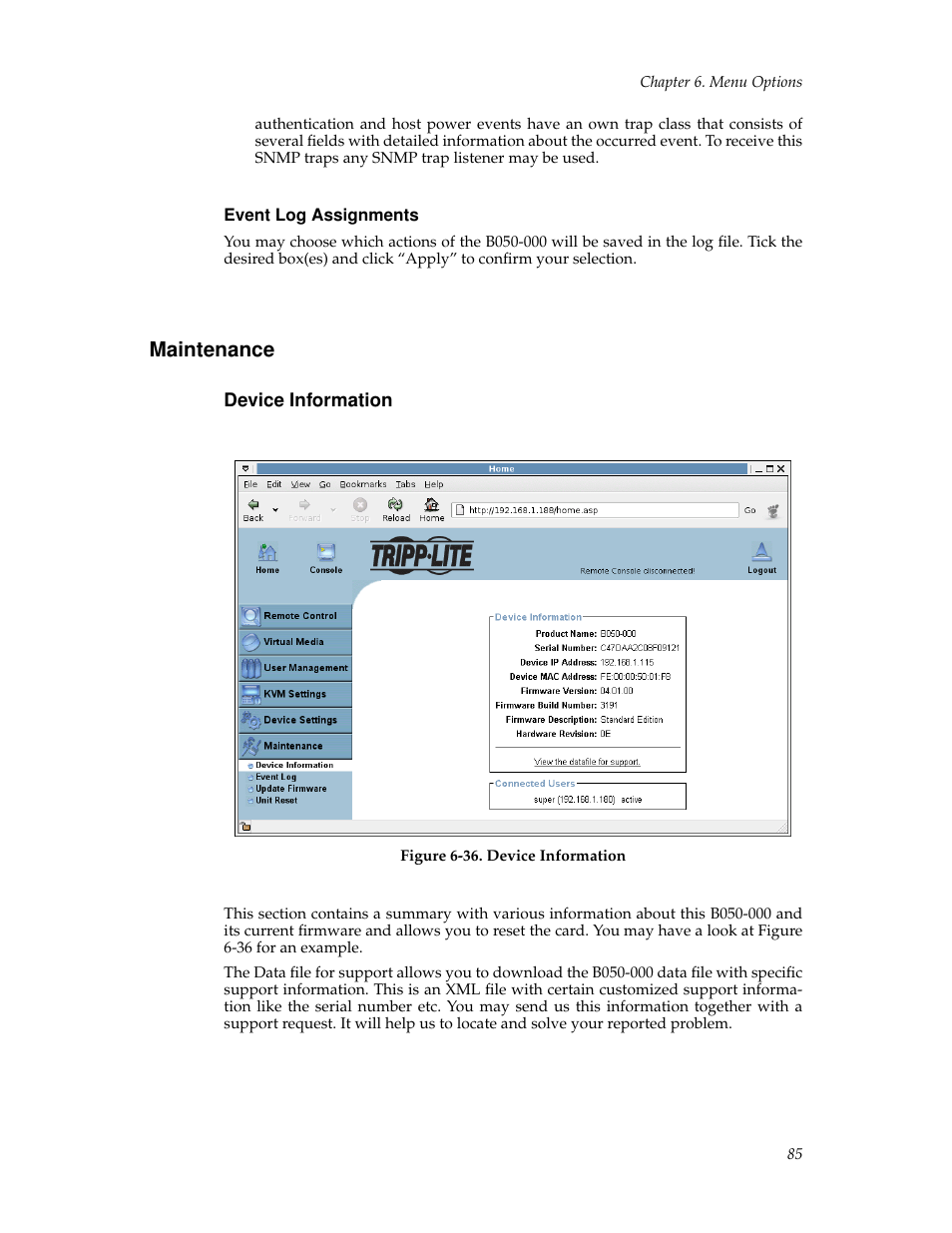 Event log assignments, Maintenance, Device information | Tripp Lite B050-000 User Manual | Page 93 / 126