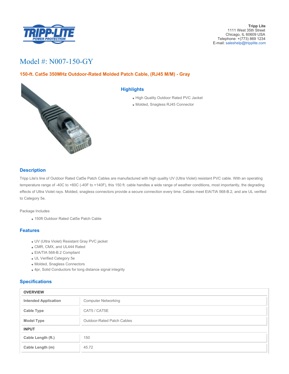 Tripp Lite N007-150-GY User Manual | 2 pages