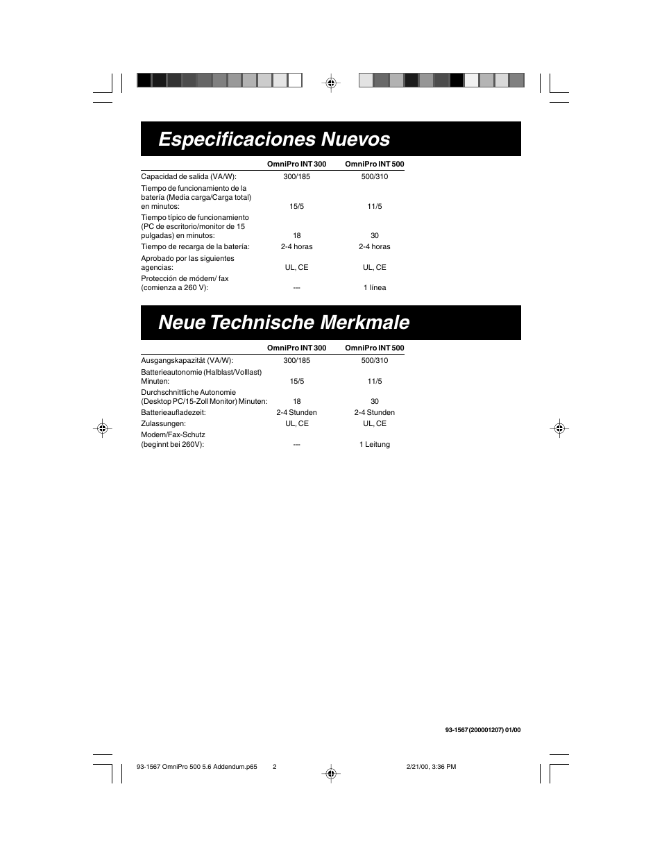 Especificaciones nuevos, Neue technische merkmale | Tripp Lite OmniPro 300VA User Manual | Page 2 / 2