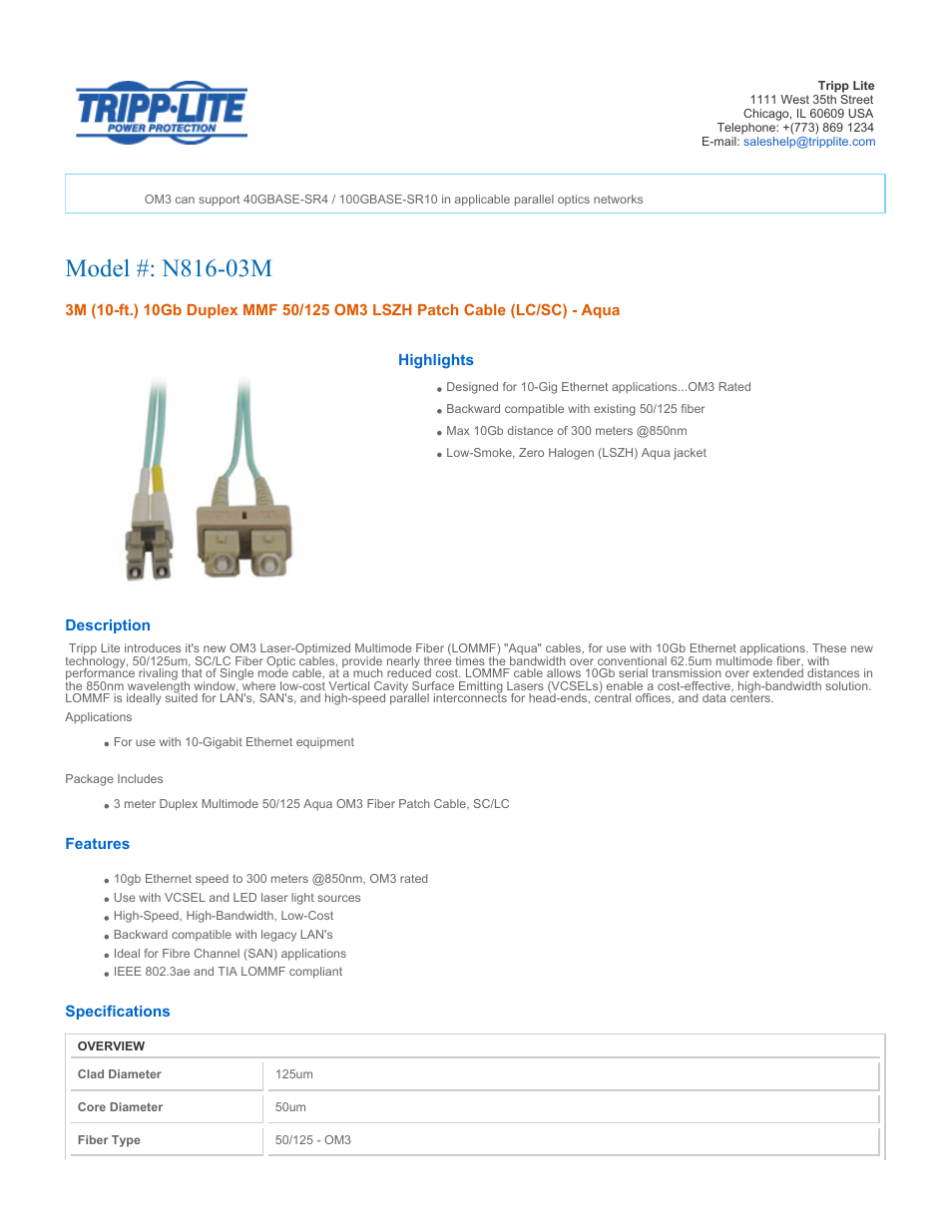 Tripp Lite Multimode Fiber Optics 3-meter N816-03M User Manual | 3 pages