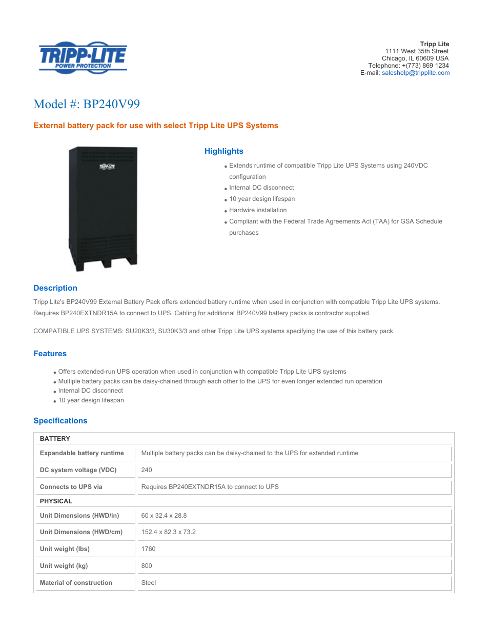 Tripp Lite BP240V99 User Manual | 2 pages