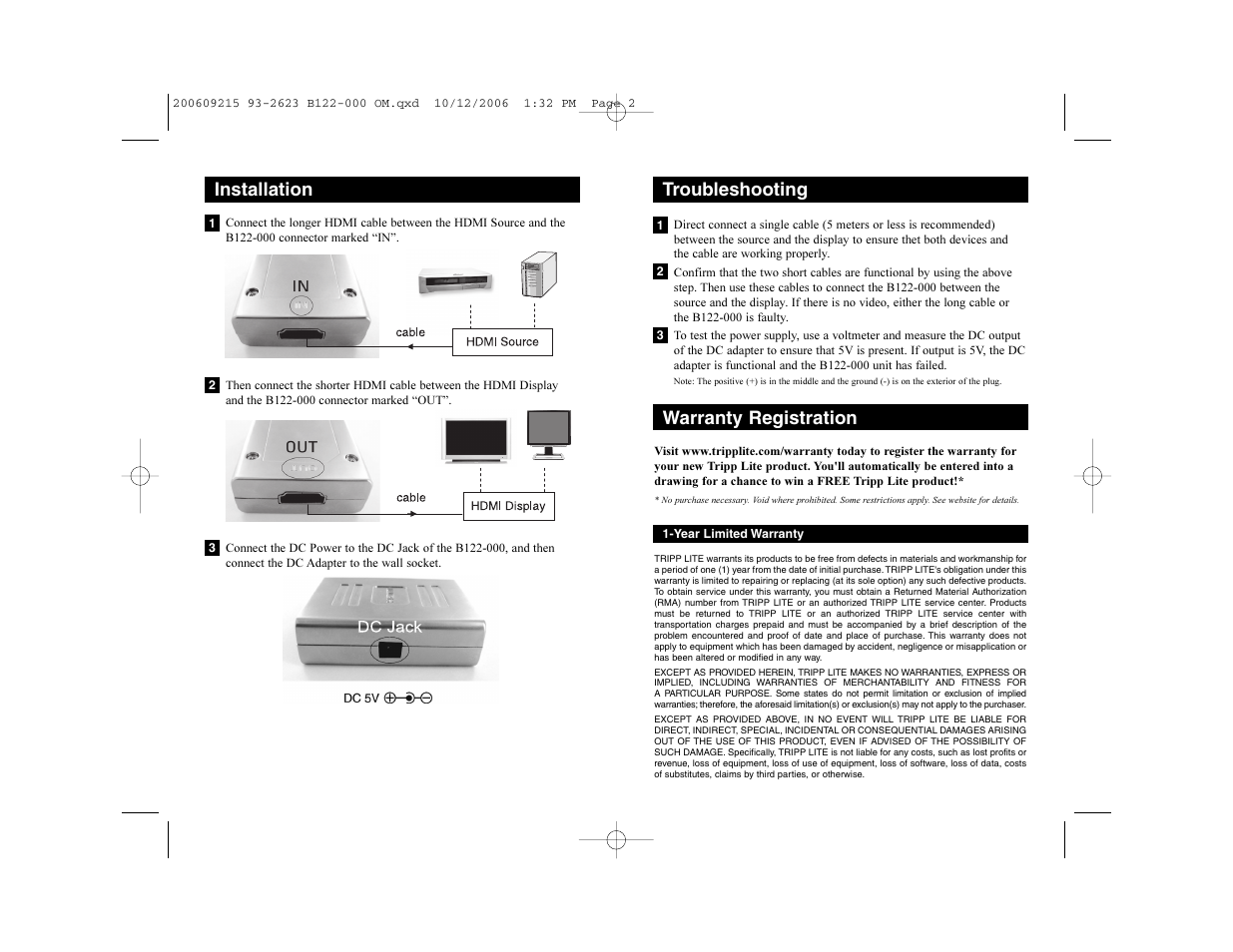 Installation, Troubleshooting, Warranty registration | Tripp Lite HDMI Extender B122-000 User Manual | Page 2 / 3