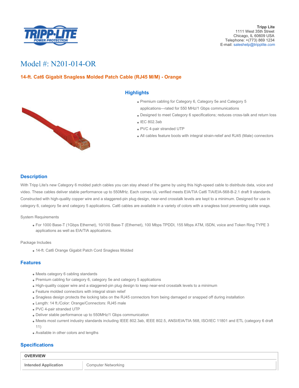Tripp Lite N201-014-OR User Manual | 2 pages