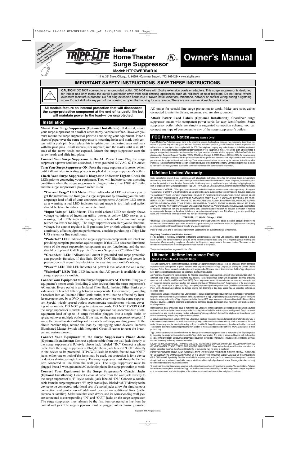 Tripp Lite HTPOWERBAR10 User Manual | 3 pages