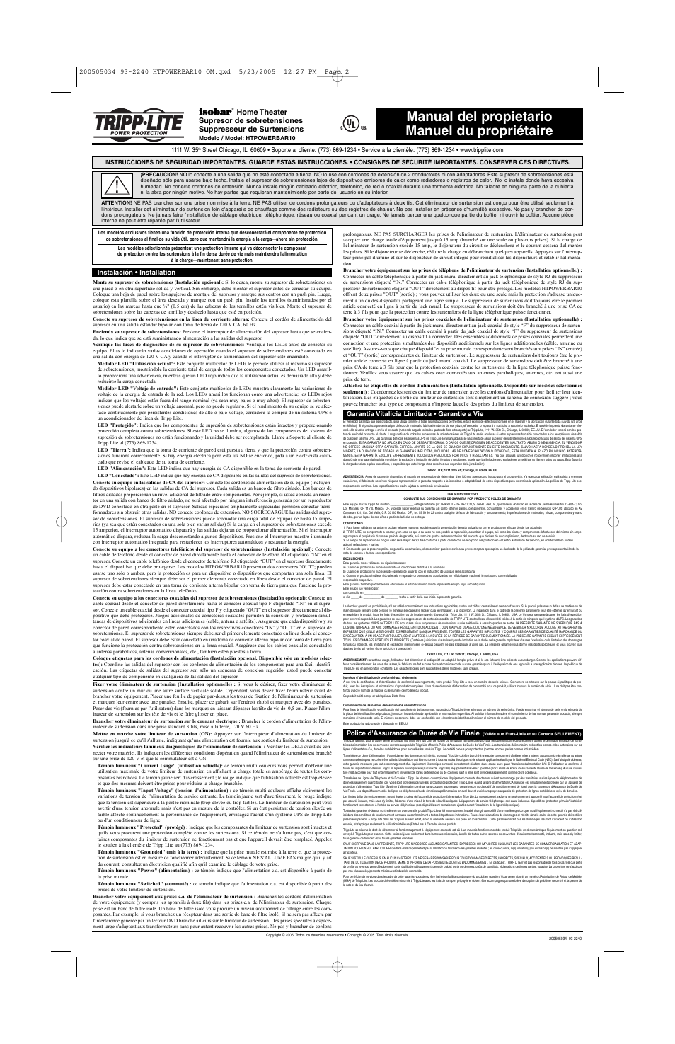 Manual del propietario manuel du propriétaire, Iis so ob ba ar r | Tripp Lite HTPOWERBAR10 User Manual | Page 2 / 3