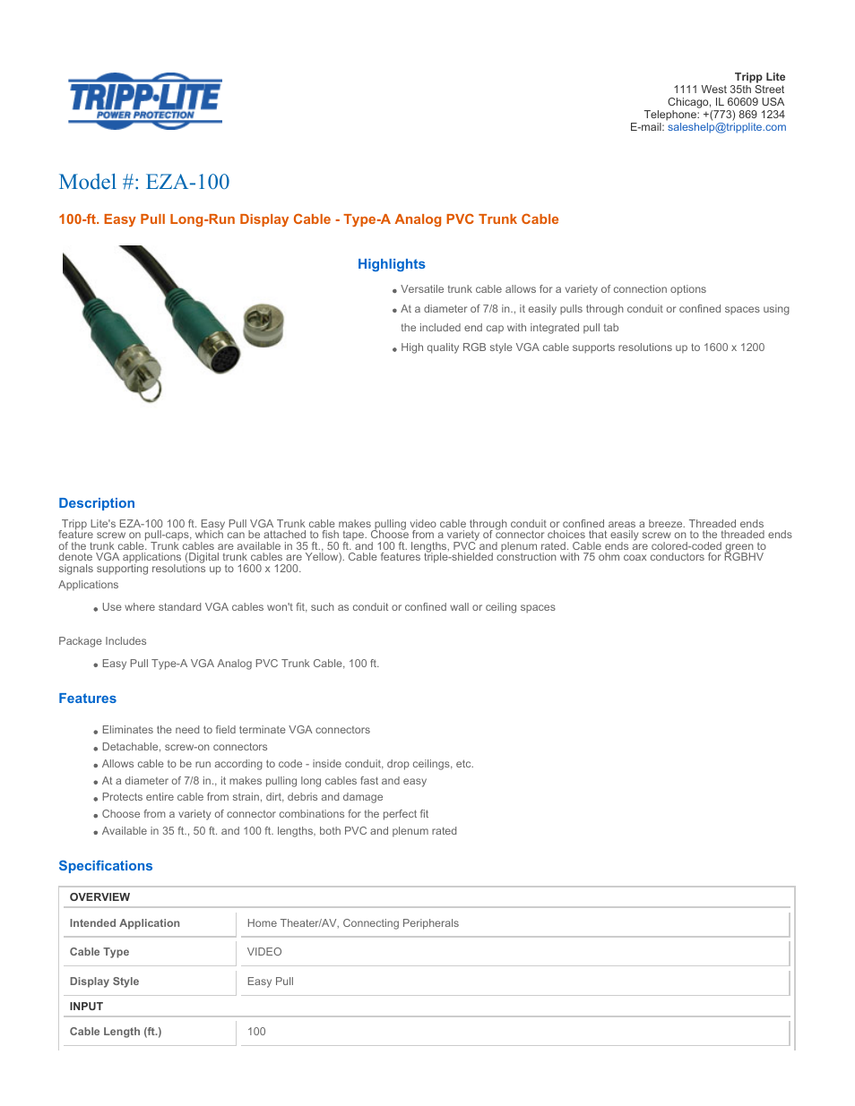 Tripp Lite Easy Pull Long-Run Display Cable EZA-100 User Manual | 2 pages