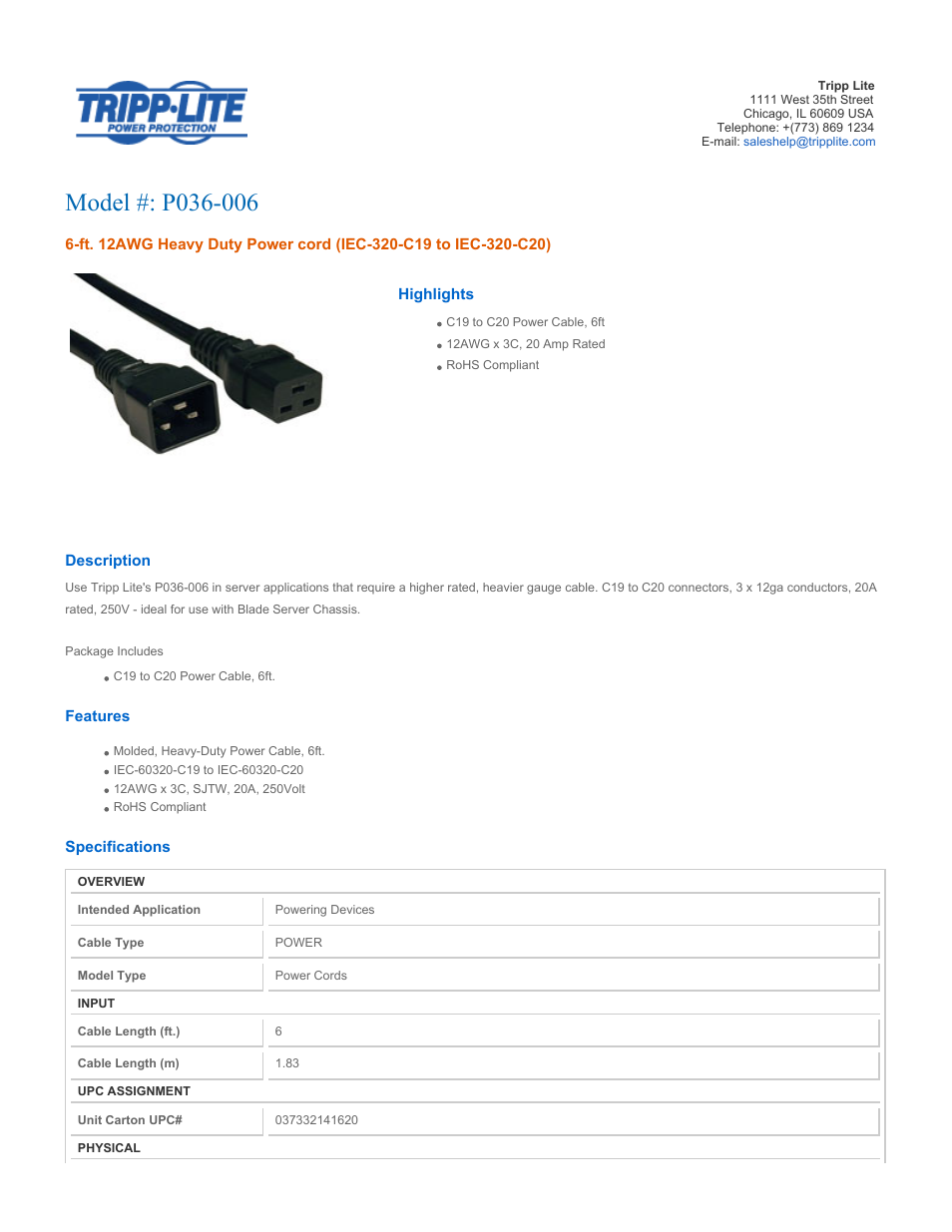 Tripp Lite P036-006 User Manual | 2 pages
