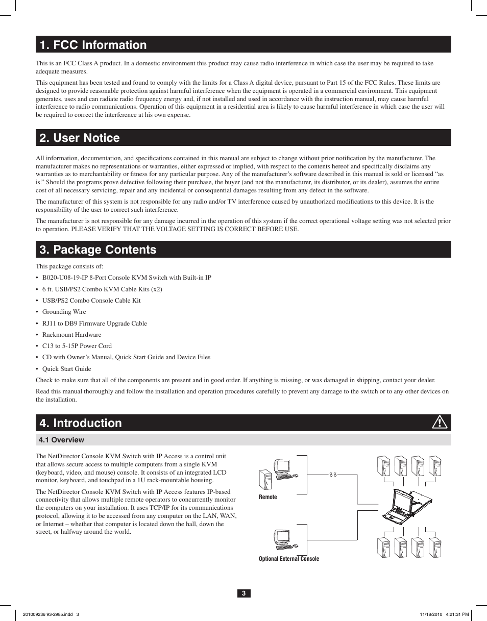 Fcc information 2. user notice 3. package contents, Introduction | Tripp Lite B020-U08-19-IP User Manual | Page 3 / 59