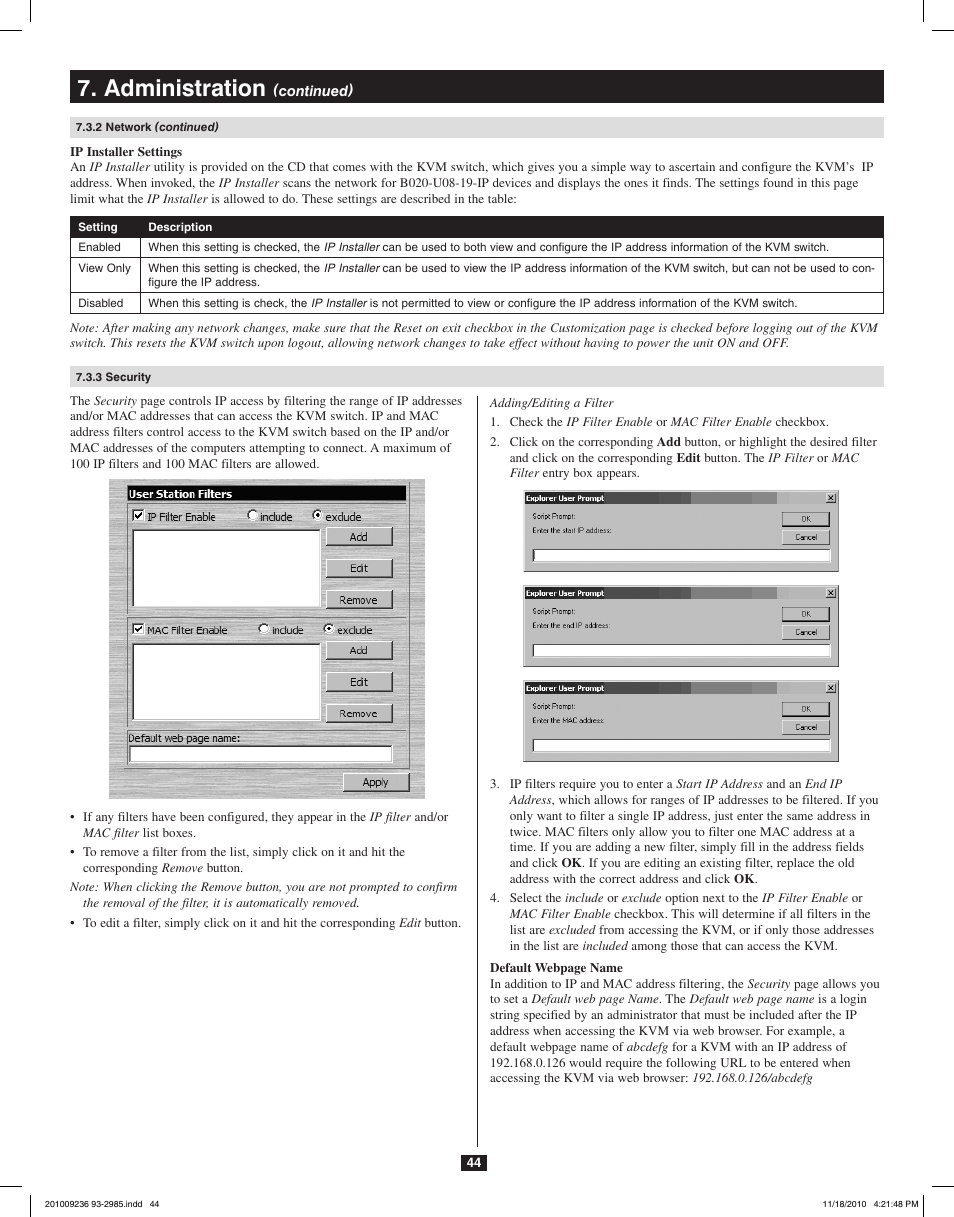 Administration | Tripp Lite B020-U08-19-IP User Manual | Page 44 / 59