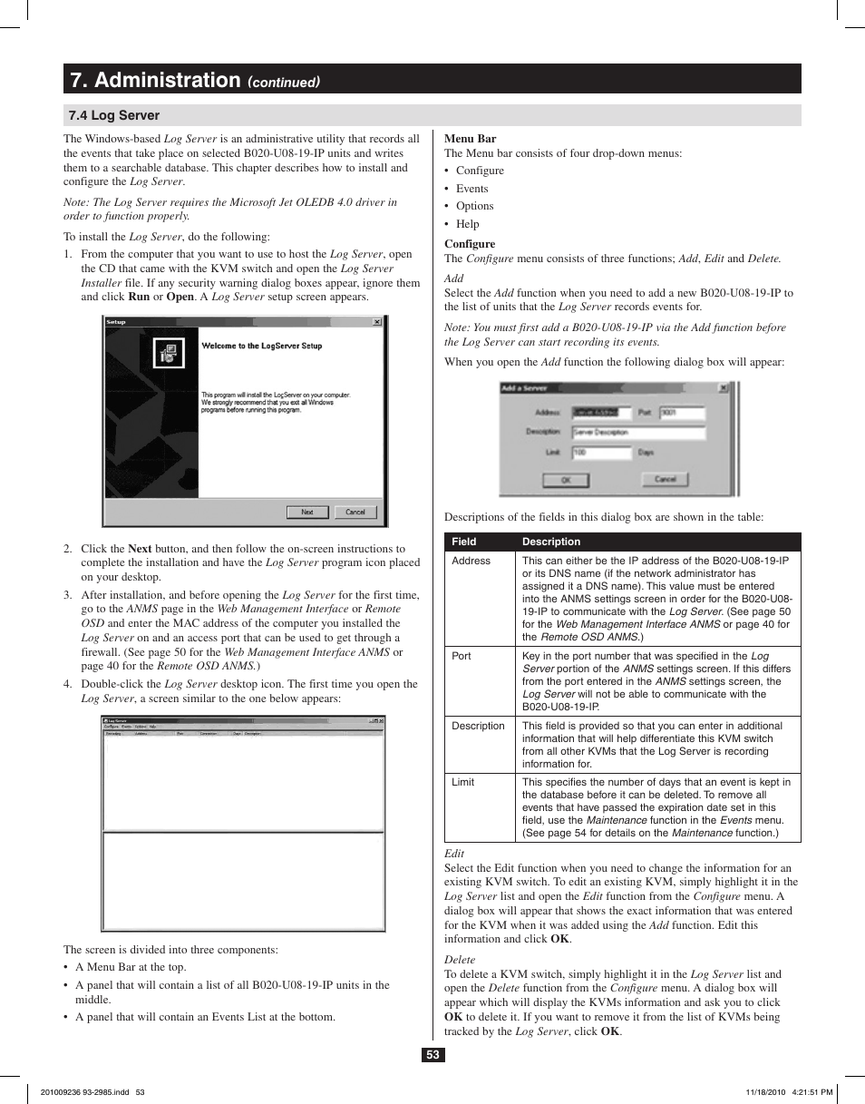 Administration | Tripp Lite B020-U08-19-IP User Manual | Page 53 / 59