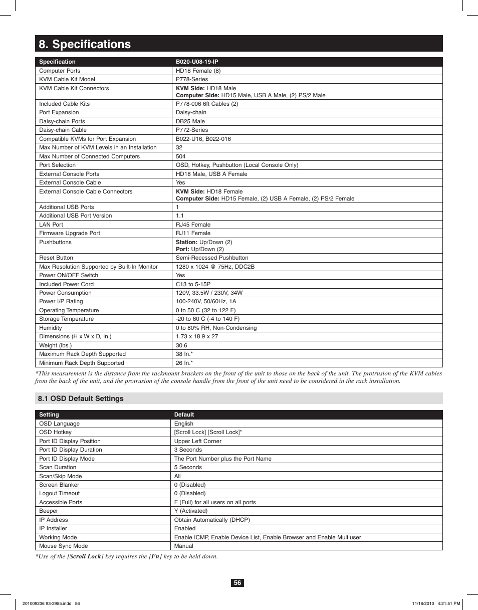 Specifications | Tripp Lite B020-U08-19-IP User Manual | Page 56 / 59