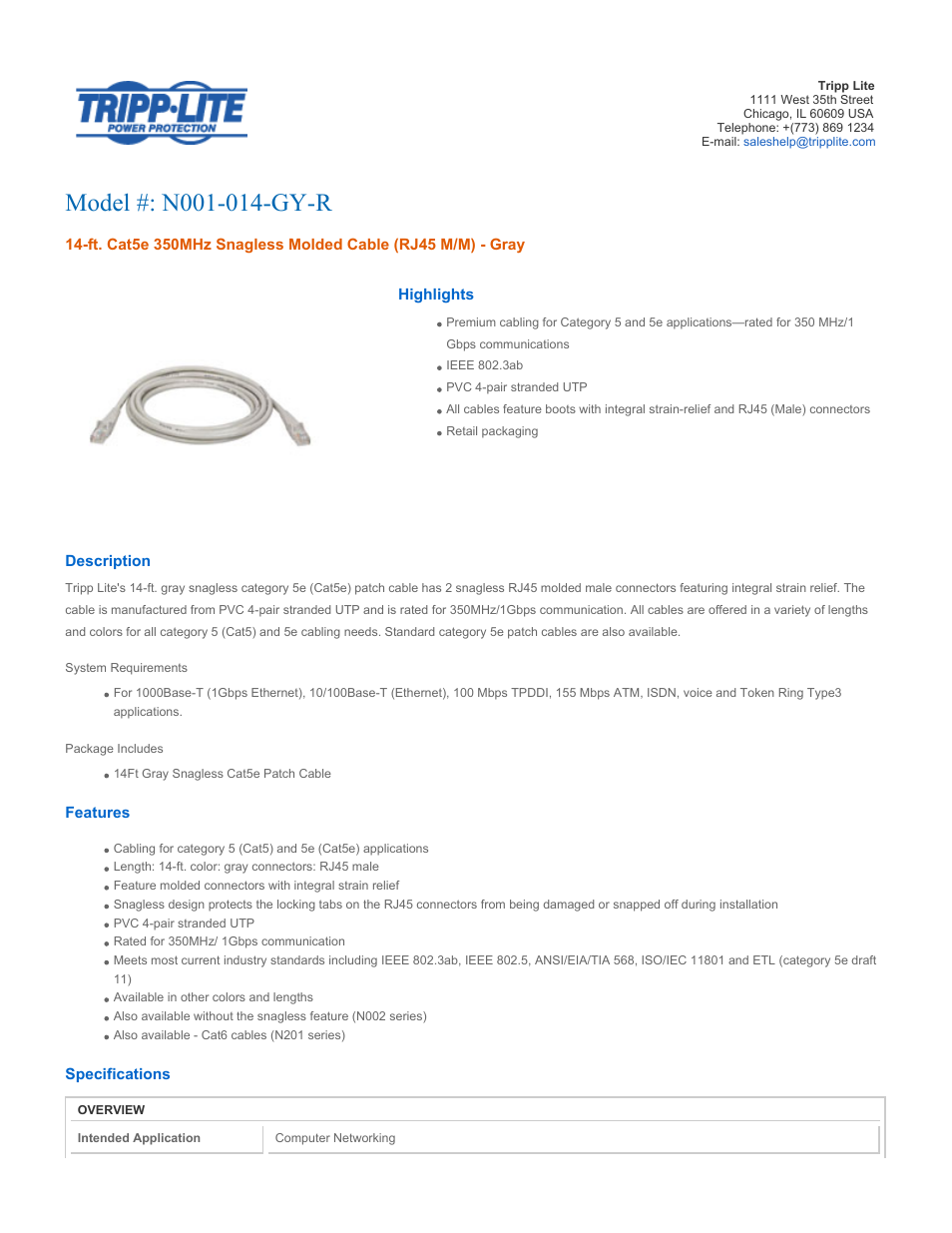 Tripp Lite N001-014-GY-R User Manual | 3 pages