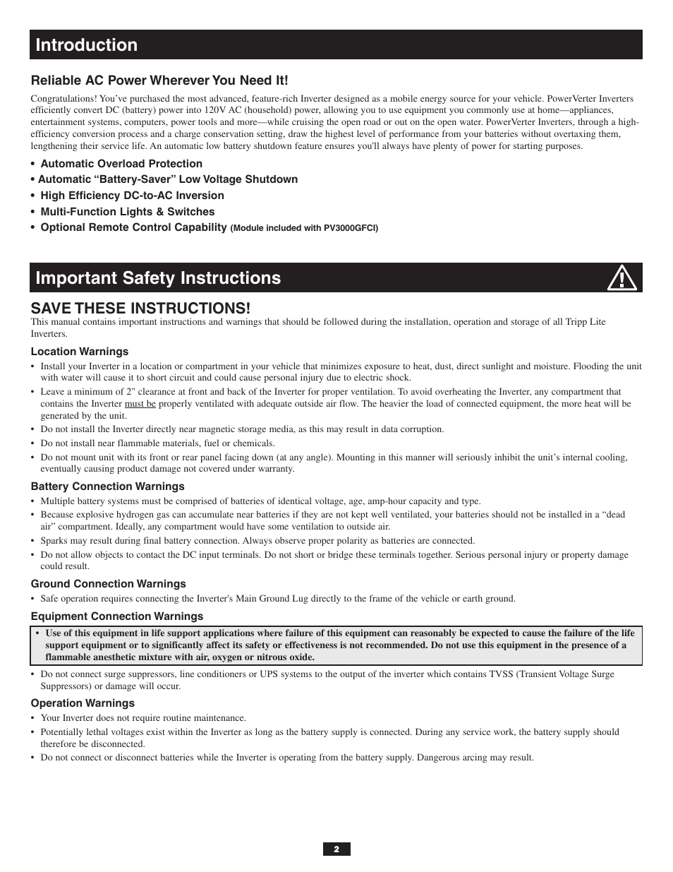Important safety instructions introduction, Save these instructions | Tripp Lite POWERVERTER PV3000GFCI User Manual | Page 2 / 8