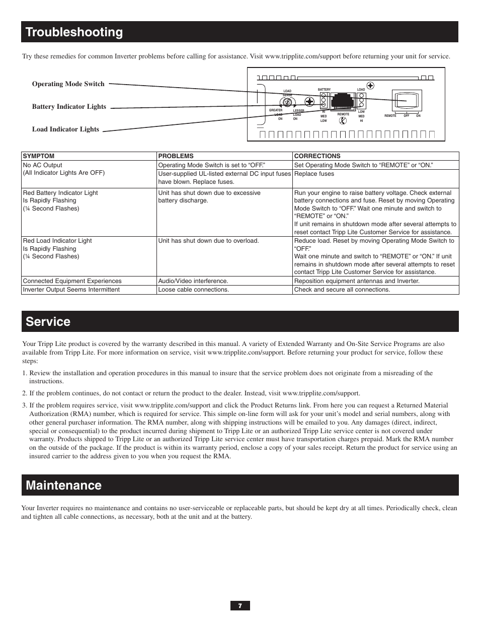 Troubleshooting, Service, Maintenance | Tripp Lite POWERVERTER PV3000GFCI User Manual | Page 7 / 8