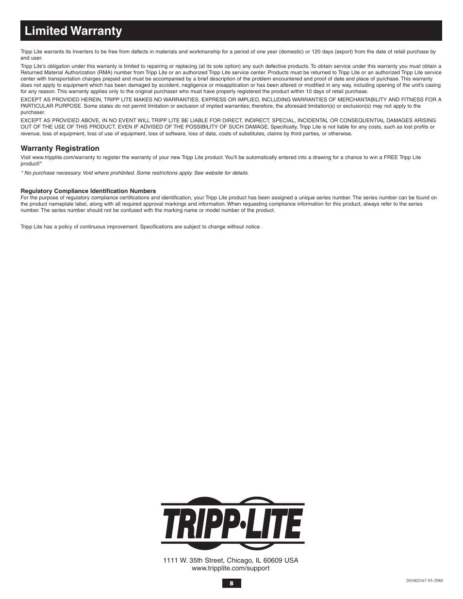 Limited warranty | Tripp Lite POWERVERTER PV3000GFCI User Manual | Page 8 / 8