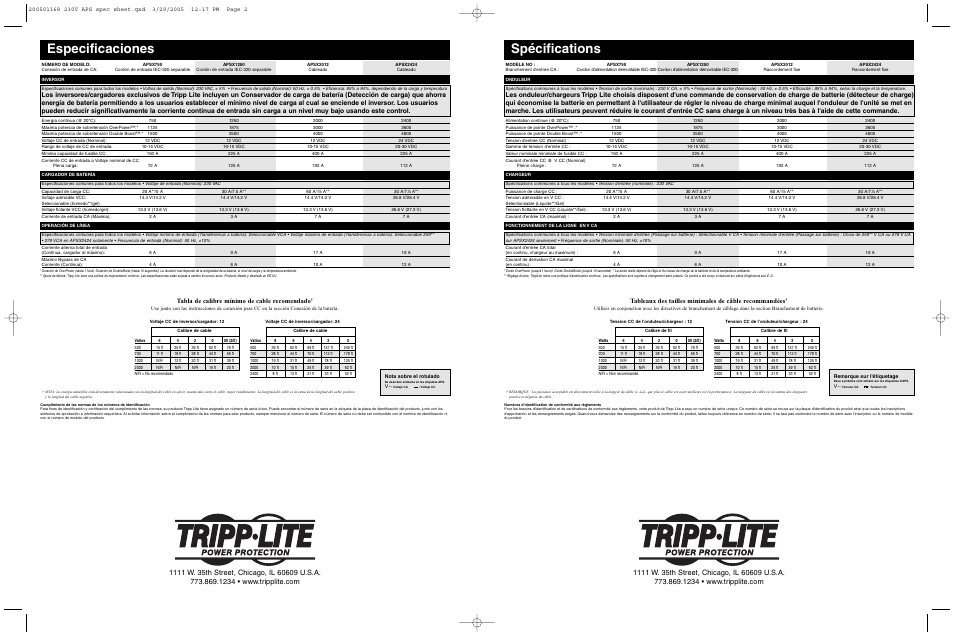 Especificaciones, Spécifications, Tabla de calibre mínimo de cable recomendado | Tripp Lite APSX1250 User Manual | Page 2 / 2