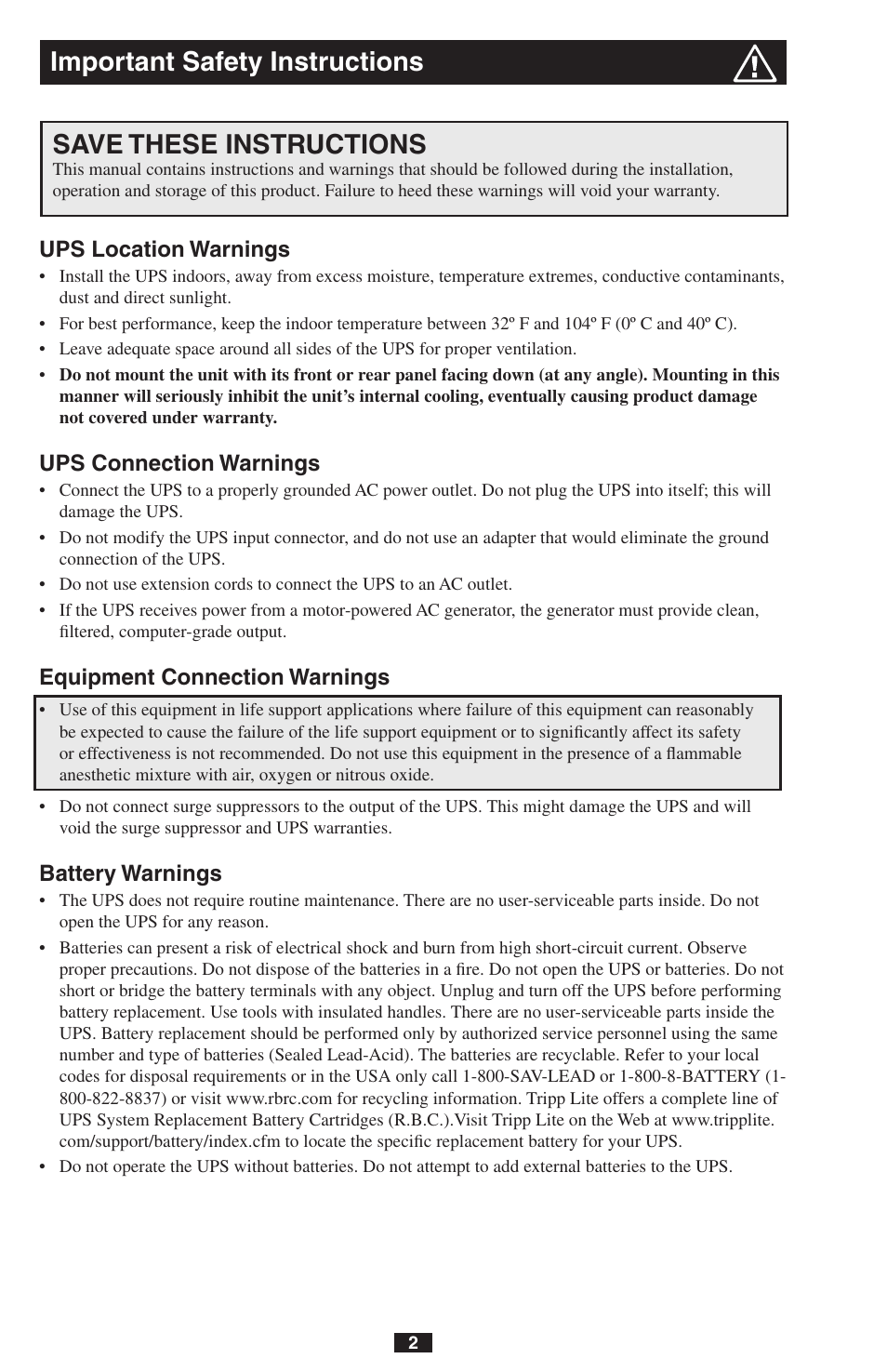 Ups location warnings, Ups connection warnings, Equipment connection warnings | Battery warnings | Tripp Lite OMNIPOWER PRO550 User Manual | Page 2 / 7