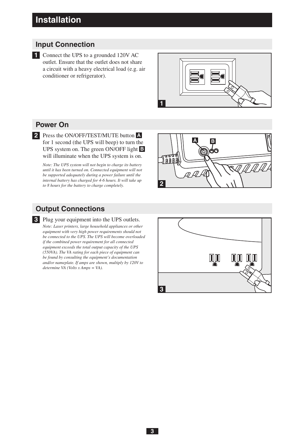 Installation, Input connection, Power on | Output connections | Tripp Lite OMNIPOWER PRO550 User Manual | Page 3 / 7