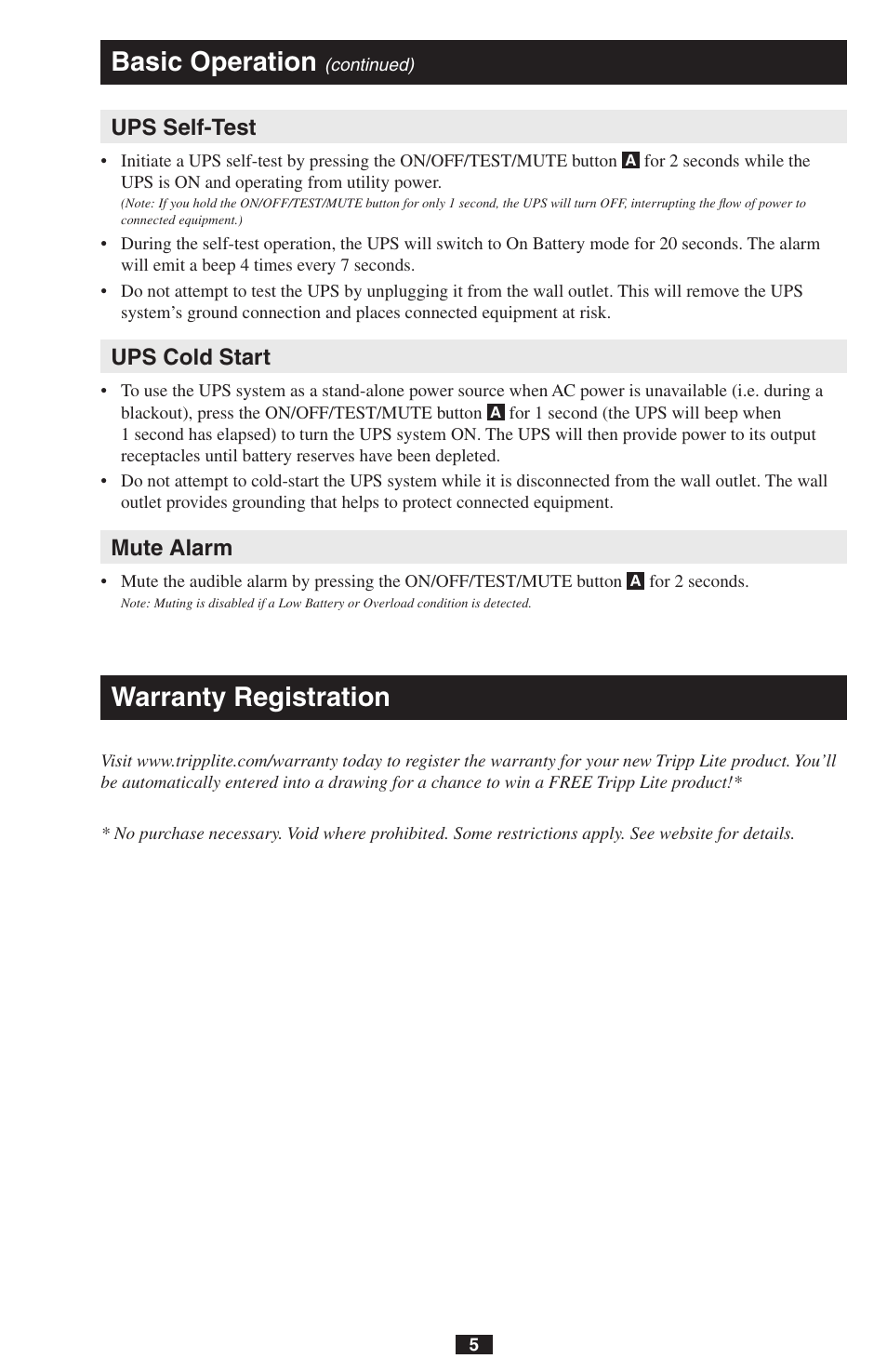 Basic operation, Warranty registration, Ups self-test | Ups cold start, Mute alarm | Tripp Lite OMNIPOWER PRO550 User Manual | Page 5 / 7