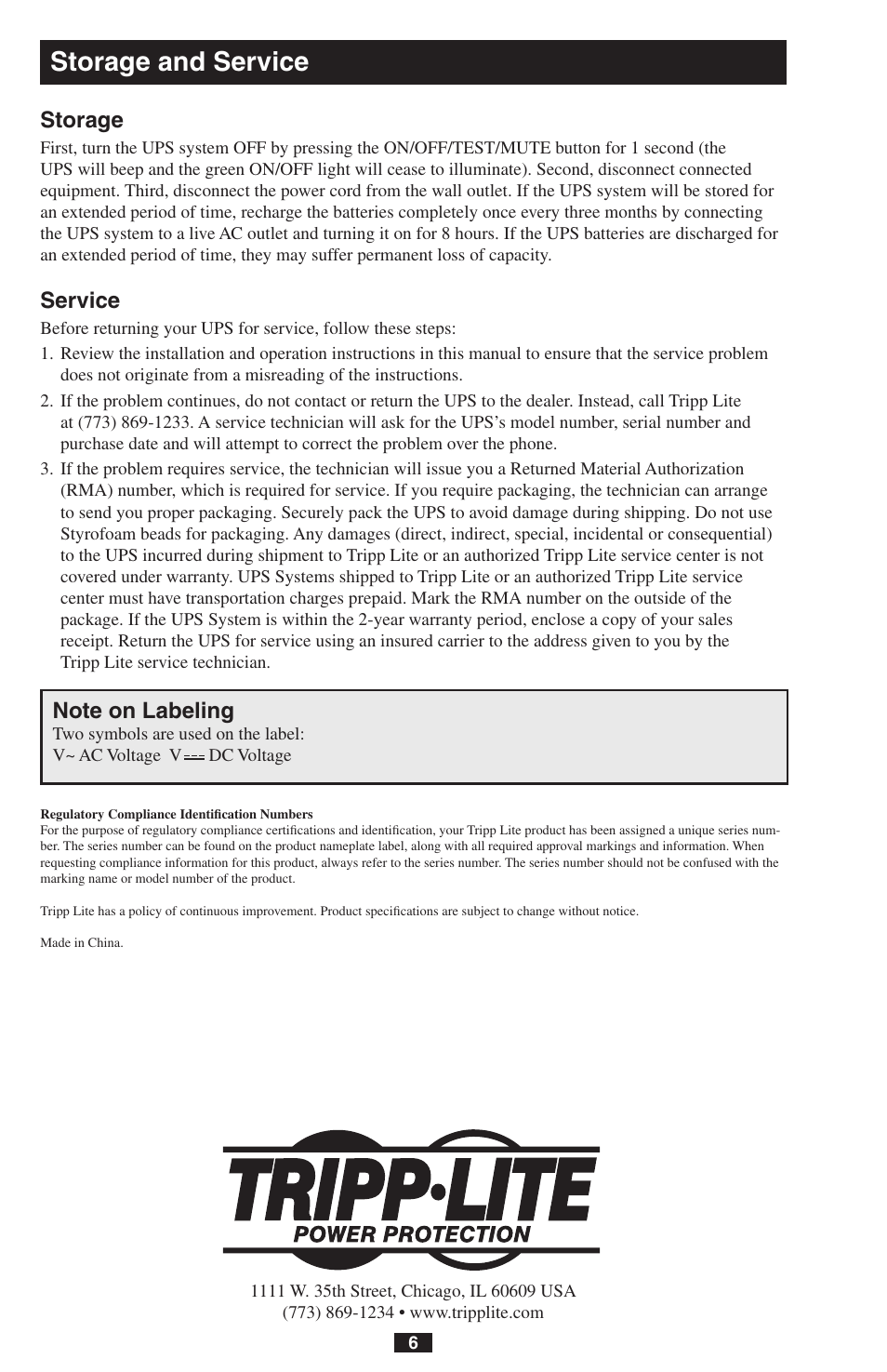 Storage and service, Storage, Service | Tripp Lite OMNIPOWER PRO550 User Manual | Page 6 / 7