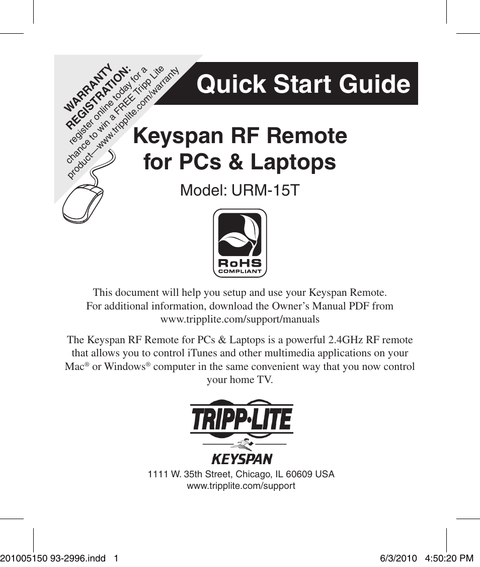 Tripp Lite KEYSPAN RF REMOTE URM-15T User Manual | 4 pages