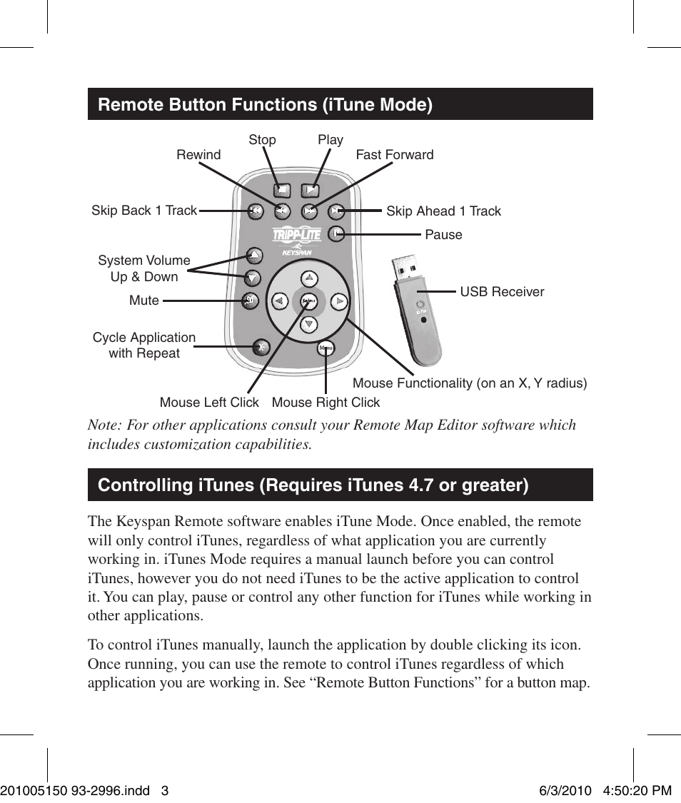 Remote button functions (itune mode) | Tripp Lite KEYSPAN RF REMOTE URM-15T User Manual | Page 3 / 4