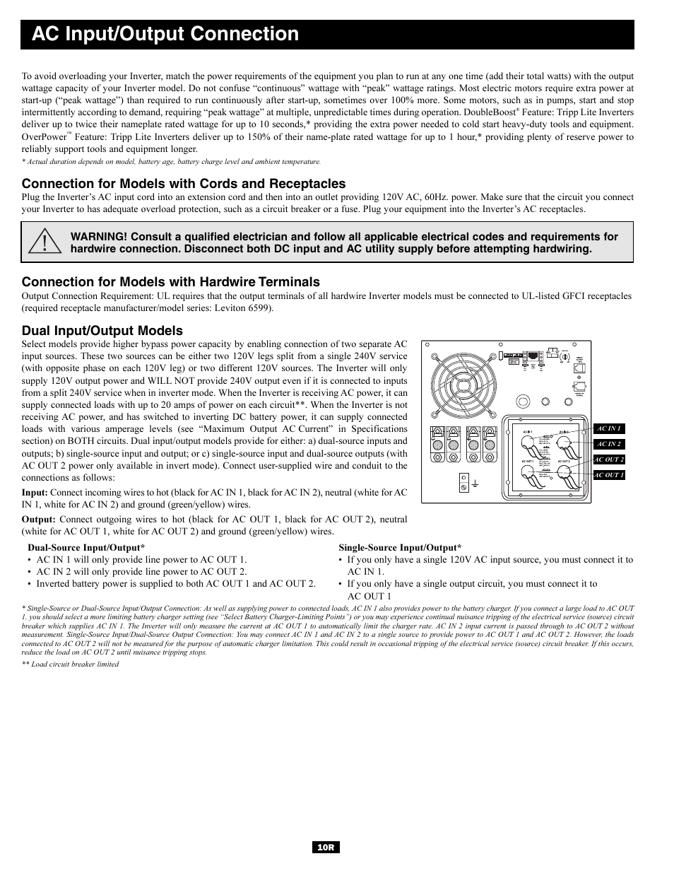 Ac input/output connection, Connection for models with cords and receptacles, Connection for models with hardwire terminals | Dual input/output models | Tripp Lite UT Series User Manual | Page 10 / 12