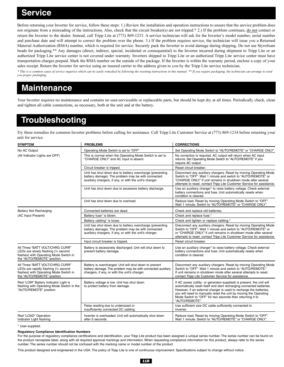 Troubleshooting, Service, Maintenance | Tripp Lite UT Series User Manual | Page 11 / 12