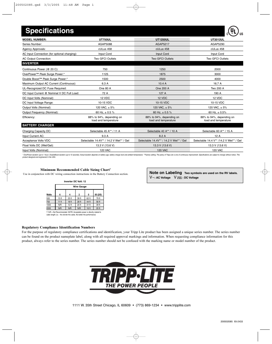 Tripp Lite UT750UL User Manual | 1 page