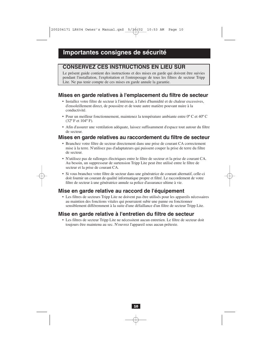 Importantes consignes de sécurité | Tripp Lite Line Conditioner 230V User Manual | Page 10 / 12