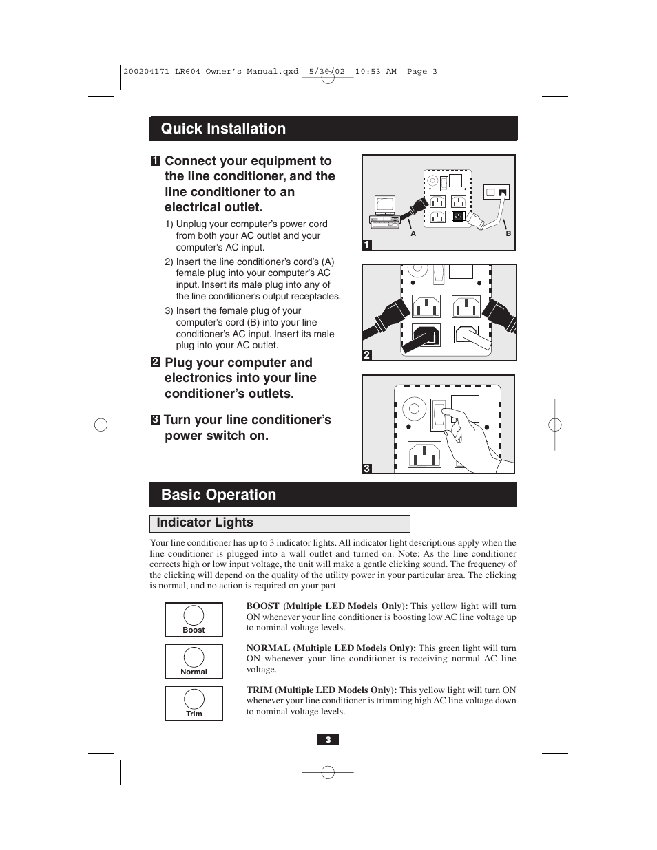 Quick installation, Basic operation | Tripp Lite Line Conditioner 230V User Manual | Page 3 / 12