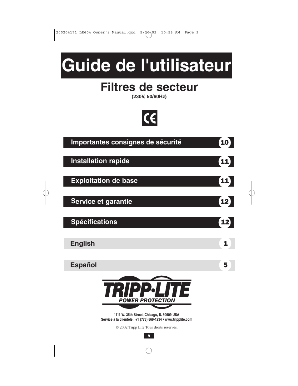 Guide de l'utilisateur, Filtres de secteur | Tripp Lite Line Conditioner 230V User Manual | Page 9 / 12