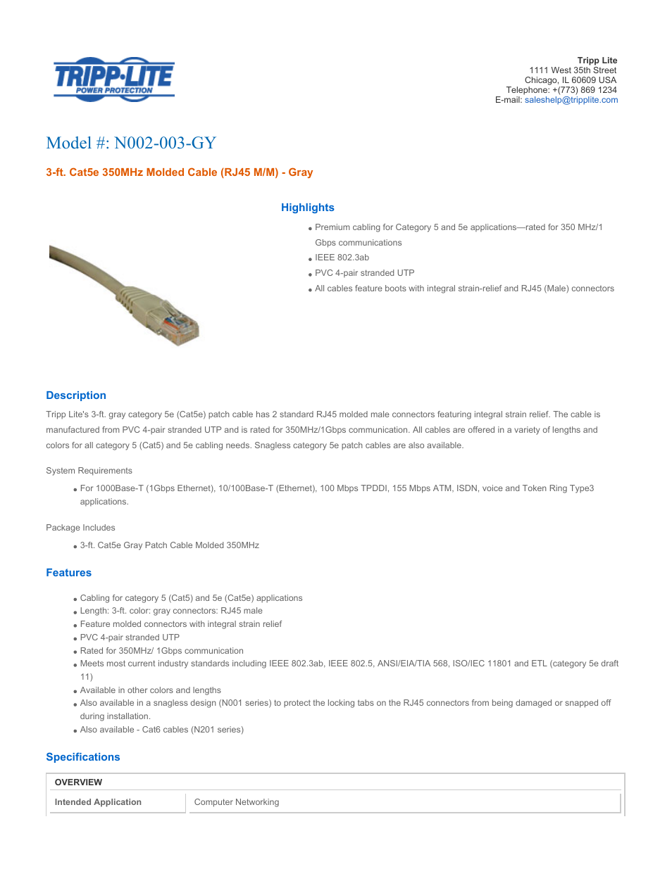 Tripp Lite N002-003-GY User Manual | 3 pages