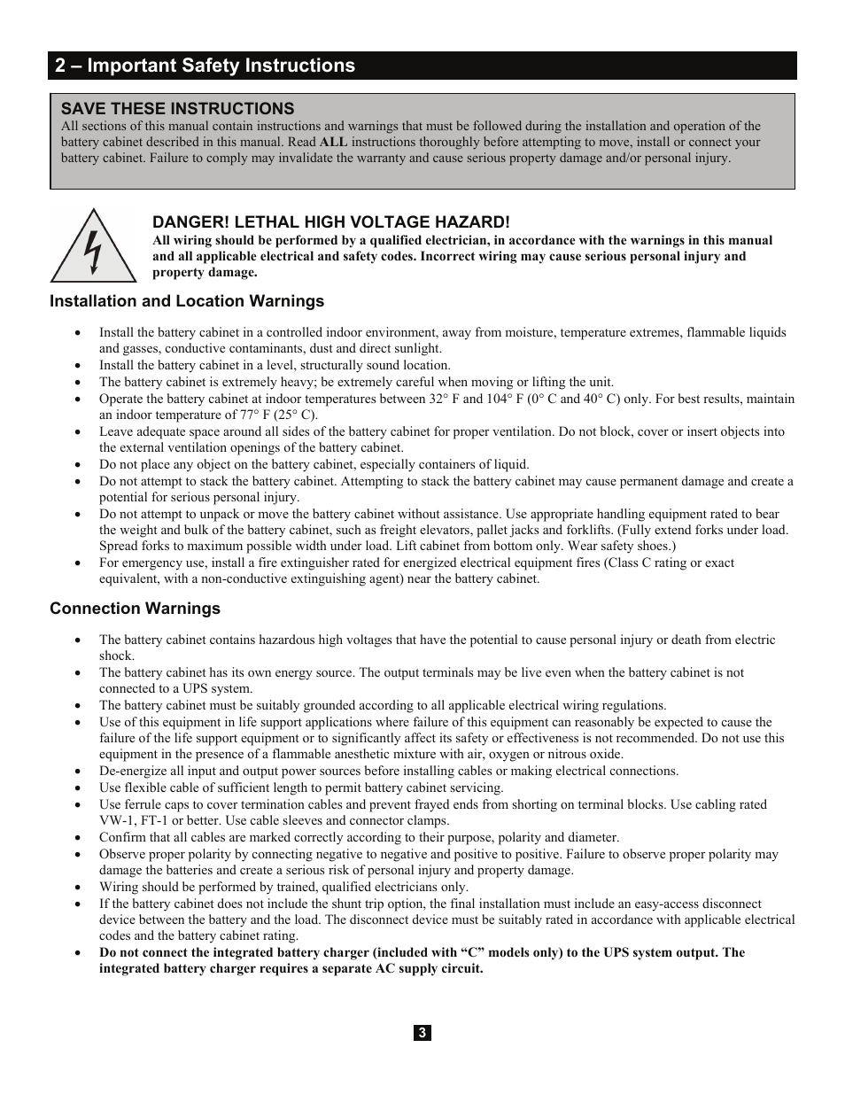 2 – important safety instructions | Tripp Lite 3-Phase Battery Cabinet Extended-Run User Manual | Page 3 / 16