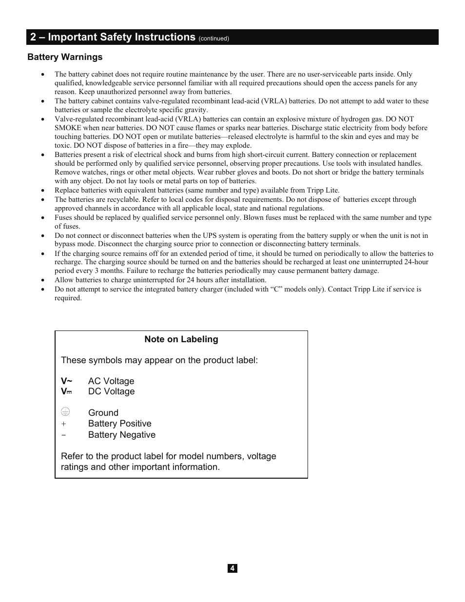 2 – important safety instructions | Tripp Lite 3-Phase Battery Cabinet Extended-Run User Manual | Page 4 / 16