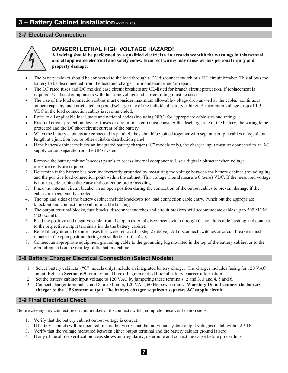 3 – battery cabinet installation, 7 electrical connection, 9 final electrical check | Danger! lethal high voltage hazard | Tripp Lite 3-Phase Battery Cabinet Extended-Run User Manual | Page 7 / 16