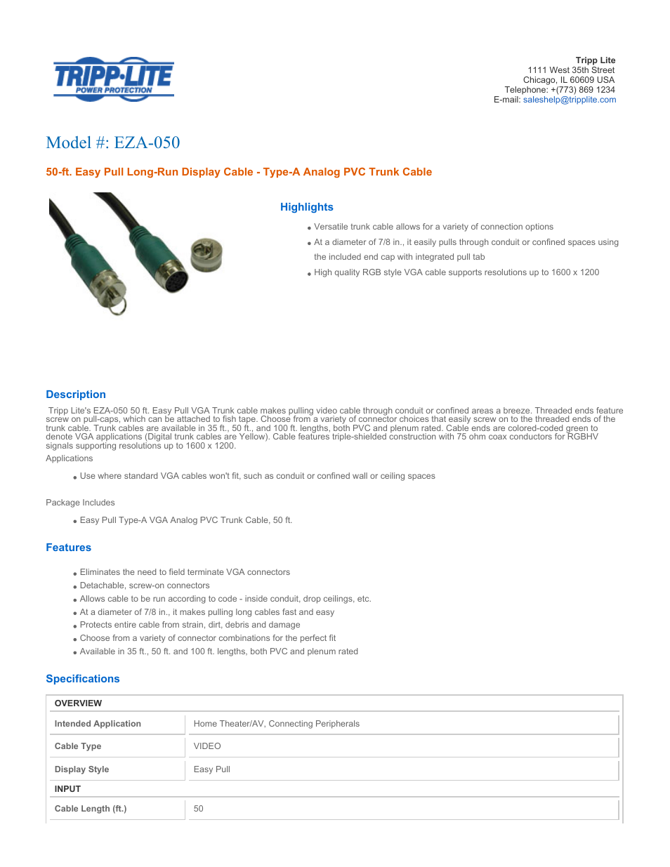 Tripp Lite Easy Pull Long-Run Display Cable EZA-050 User Manual | 2 pages
