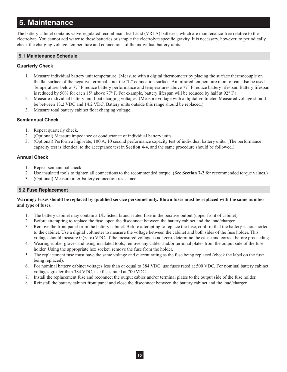 Maintenance, 1 maintenance schedule, 2 fuse replacement | Tripp Lite Extended-Run Single-Phase Battery Cabinet User Manual | Page 10 / 16