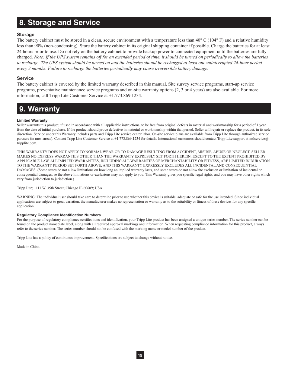 Storage and service, Warranty, Warranty 8. storage and service | Tripp Lite Extended-Run Single-Phase Battery Cabinet User Manual | Page 15 / 16